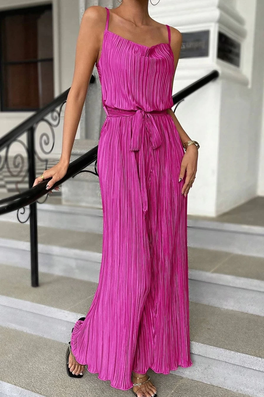 Shewin Women's Bright Pink Belted Drape Pleated Wide Leg Jumpsuit - Stylish & Comfortable Outfit