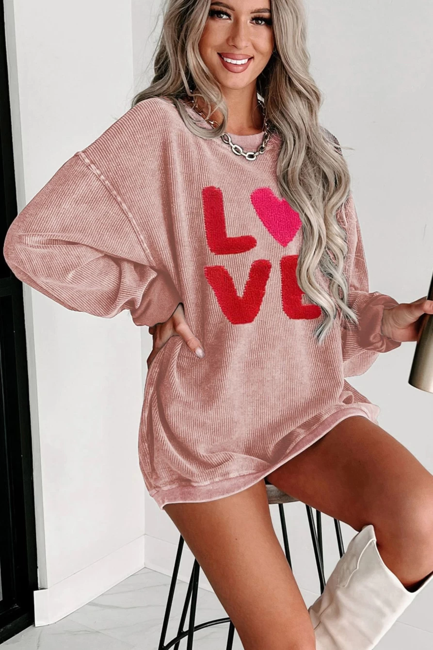 Shewin Women's Pink Valentine's Day Graphic Love Print Corded Sweatshirt
