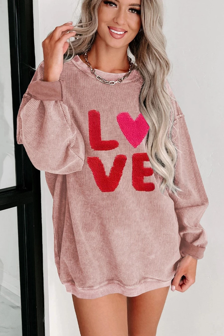 Shewin Women's Pink Valentine's Day Graphic Love Print Corded Sweatshirt