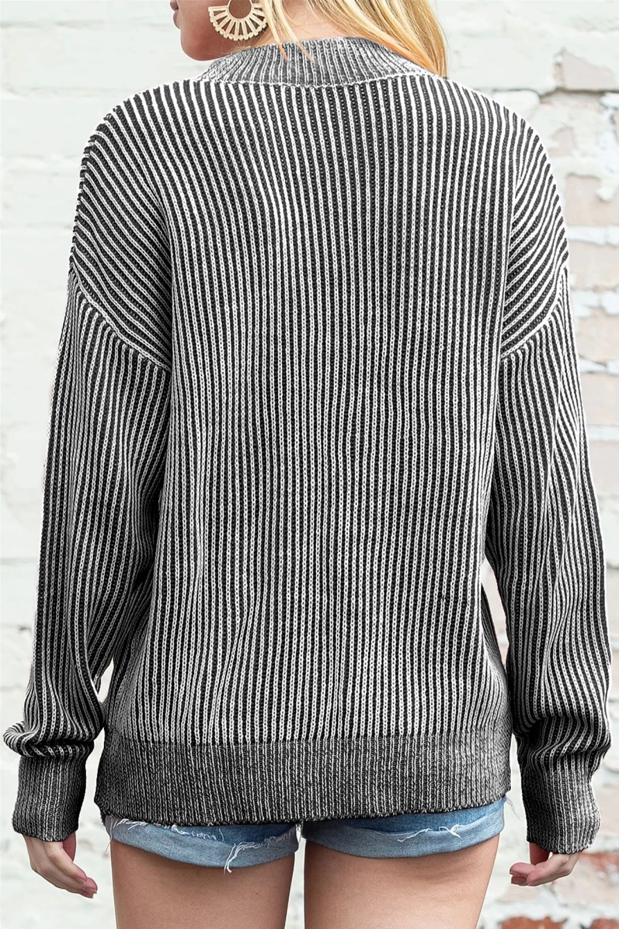 Shewin Women's Black Stripe Ribbed Drop Shoulder Sweater
