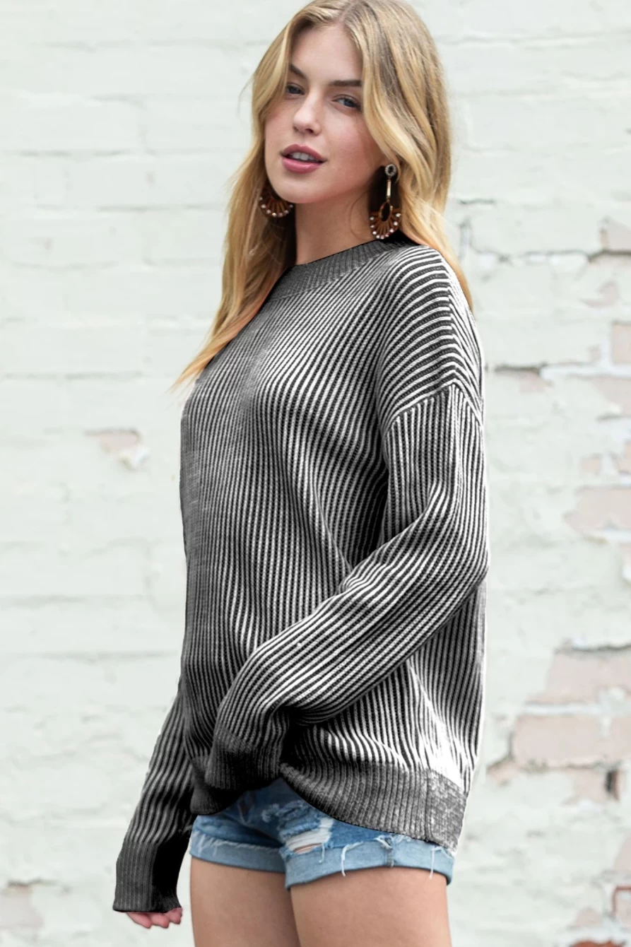 Shewin Women's Black Stripe Ribbed Drop Shoulder Sweater