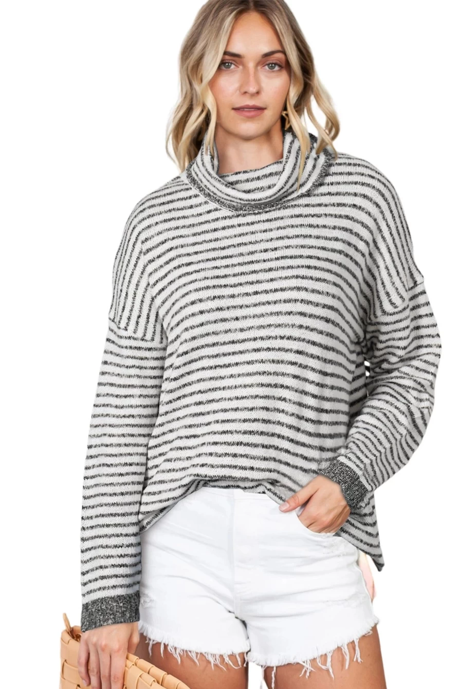 Shewin Women's Gray Striped Oversized Turtleneck Sweater