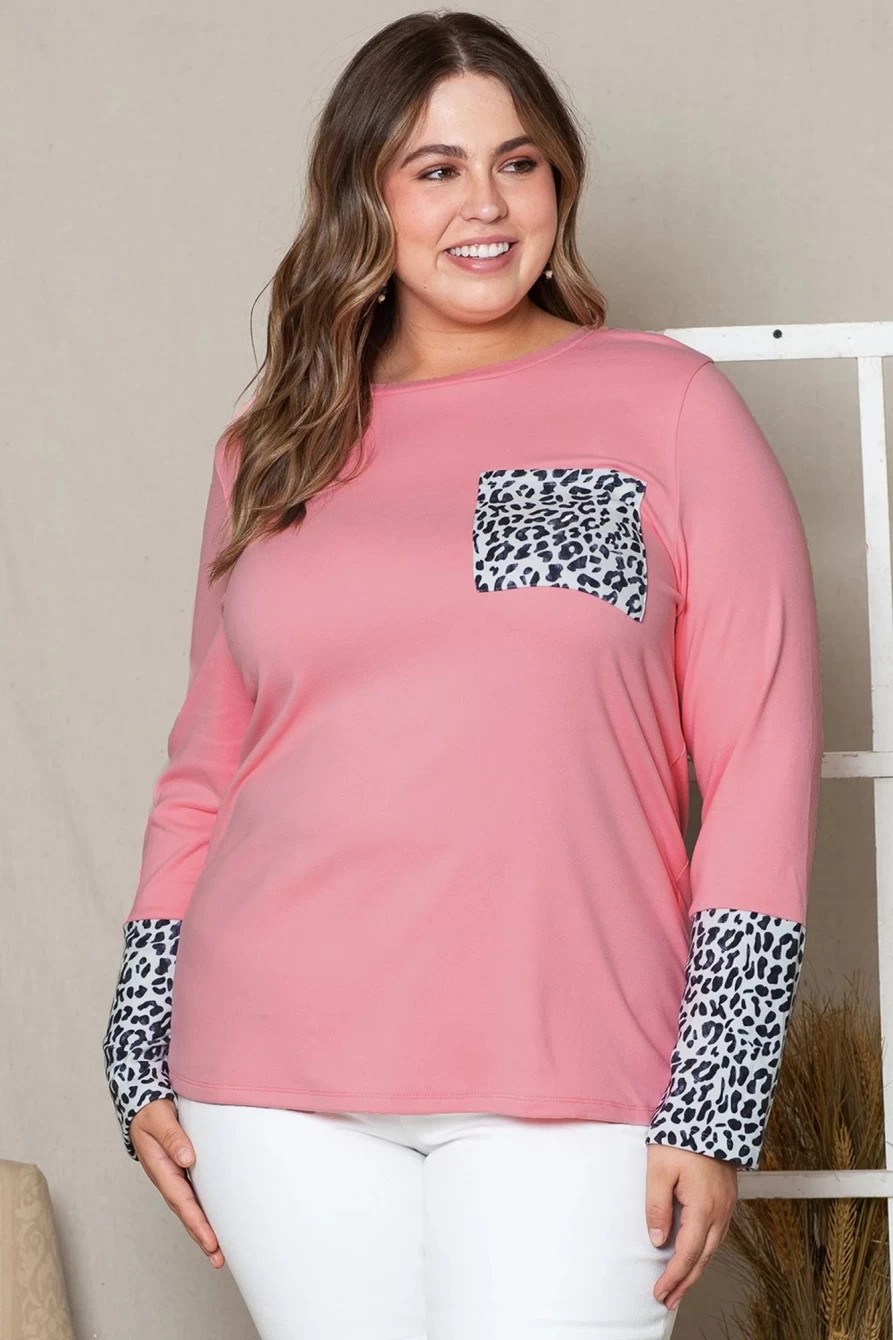 Shewin Women's Pink Leopard Print Brushed Plus Size Long Sleeve Top
