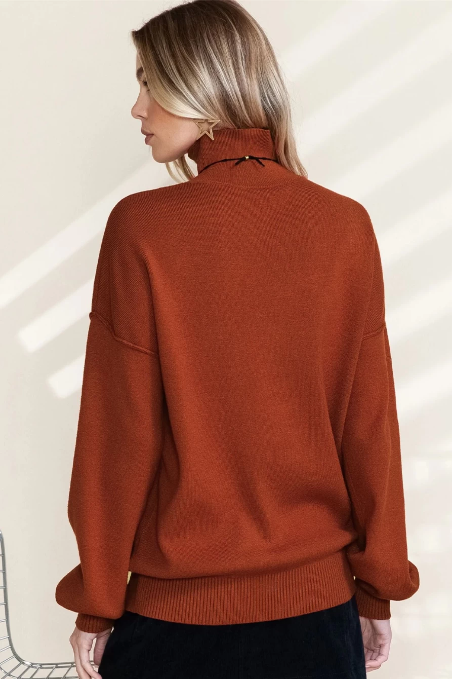 Shewin Women's Brown Turtleneck Knit Sweater with Drop Shoulder & Bubble Sleeves