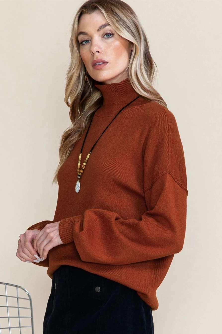 Shewin Women's Brown Turtleneck Knit Sweater with Drop Shoulder & Bubble Sleeves