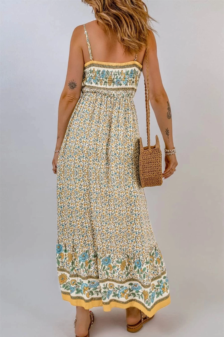Shewin Women's Boho Maxi Dress with Floral Print & Frill Detail in Apricot