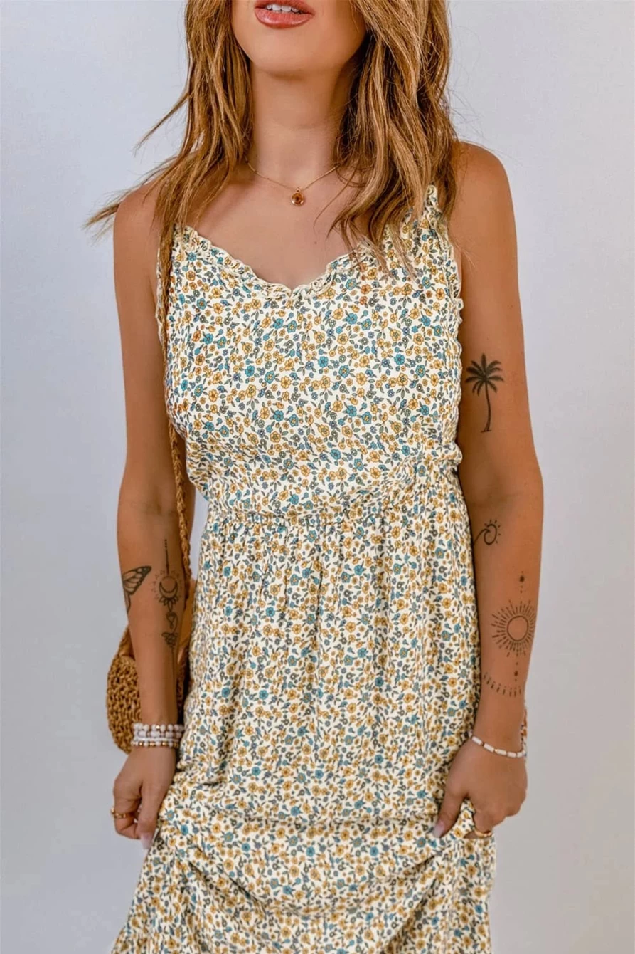 Shewin Women's Boho Maxi Dress with Floral Print & Frill Detail in Apricot