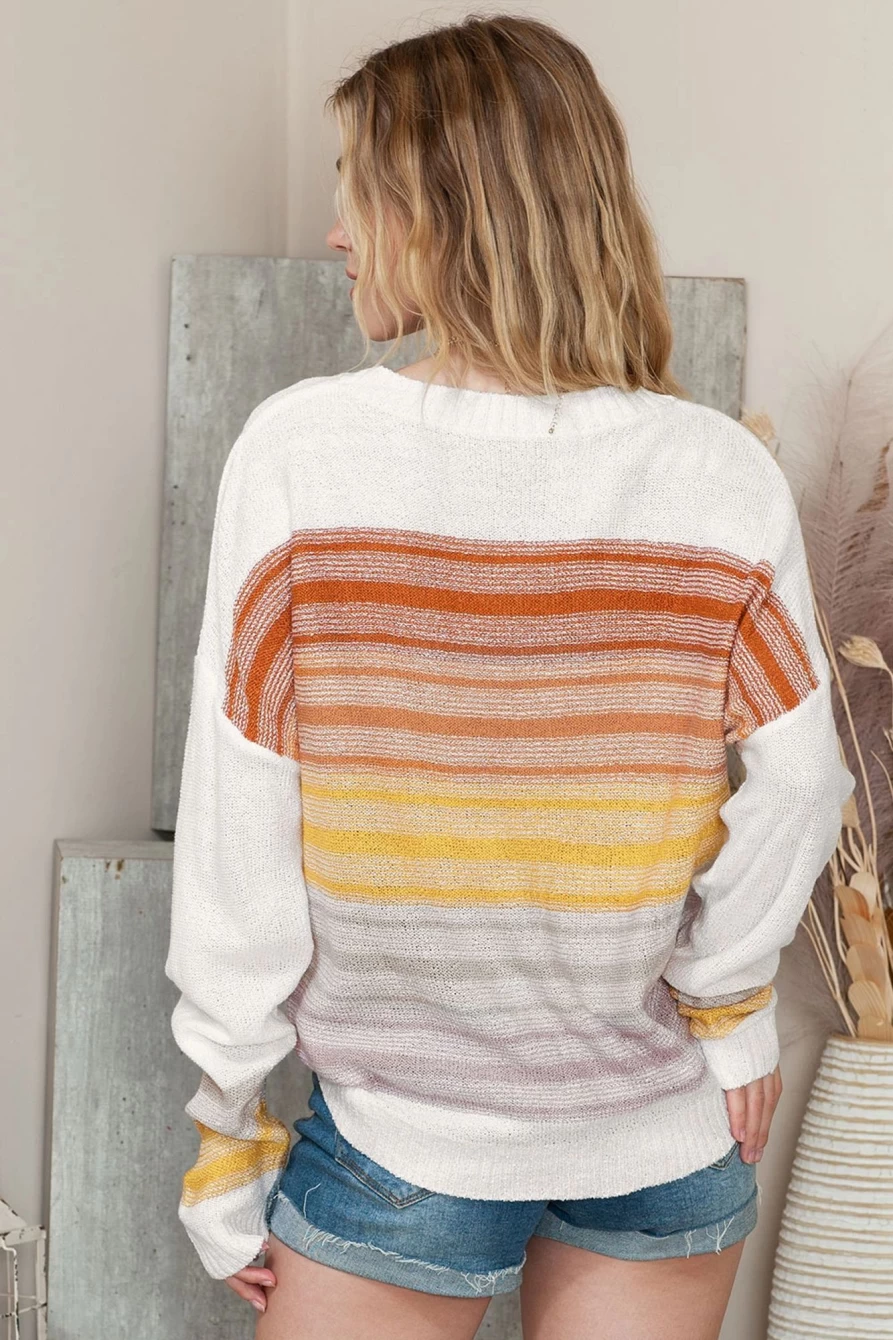 Shewin Women's Multicolor Striped Knitted Long Sleeve Pullover Sweater