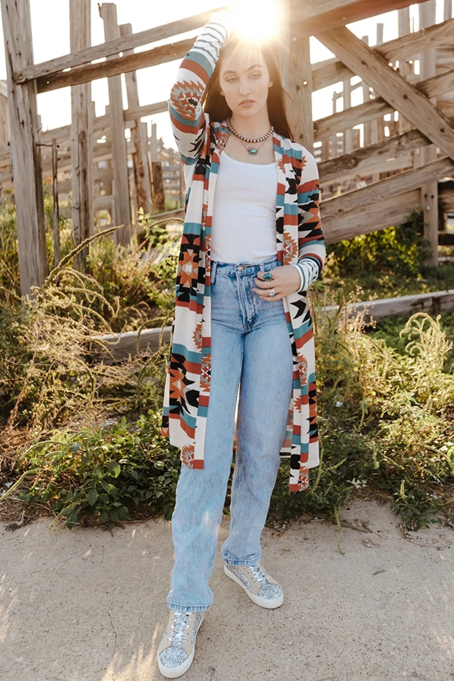 Shewin Women's Multicolor Striped Geometric Print Long Cardigan with Color Block Cuffs