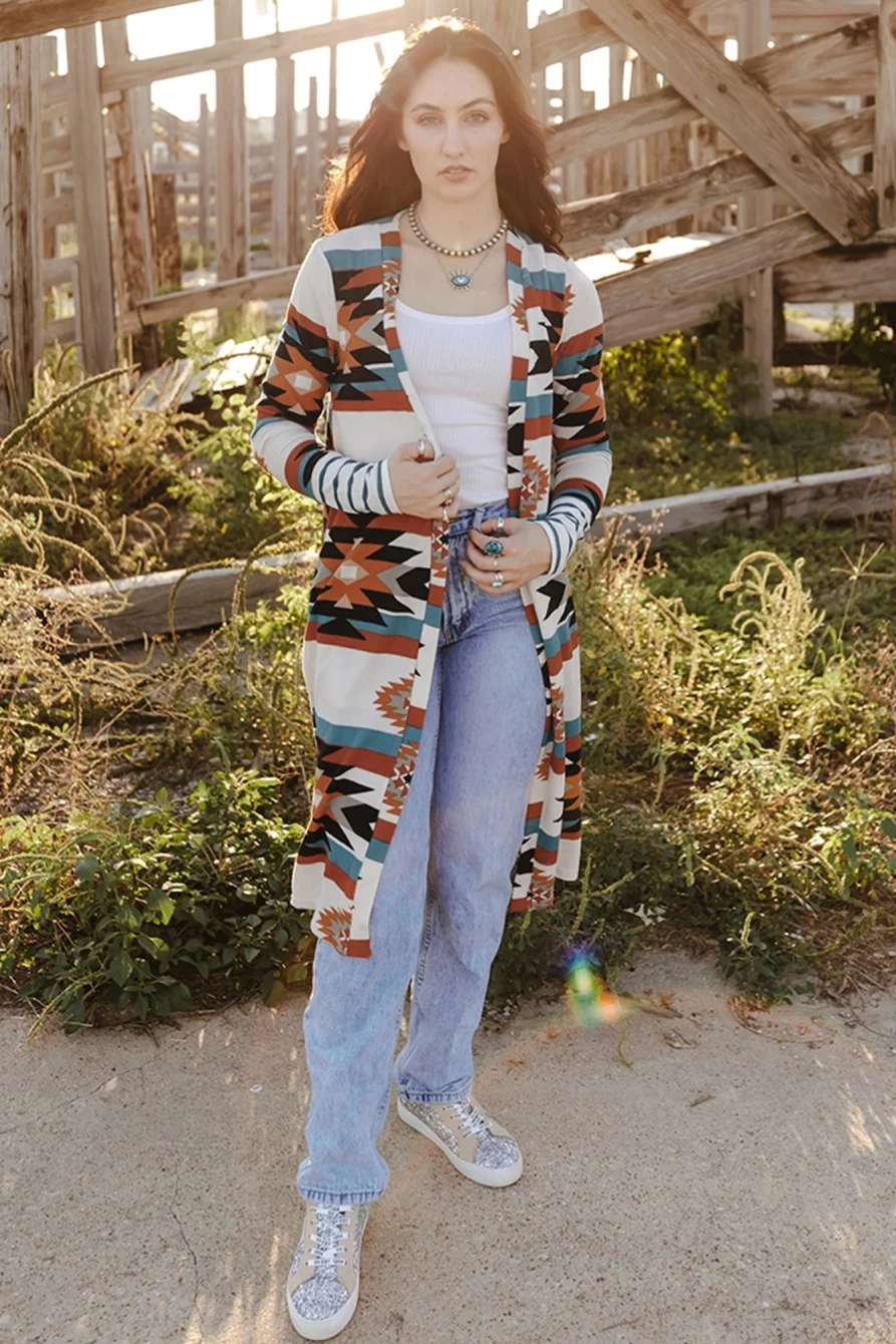 Shewin Women's Multicolor Striped Geometric Print Long Cardigan with Color Block Cuffs