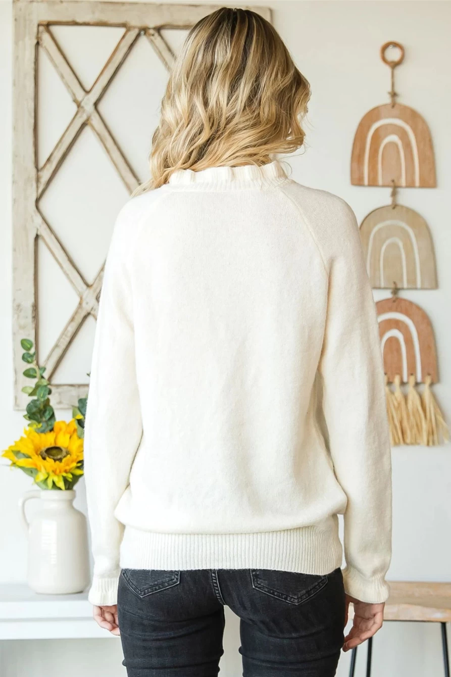 Shewin Women's Beige Casual Knit Pullover Sweater with Frill Trim and Button Detail
