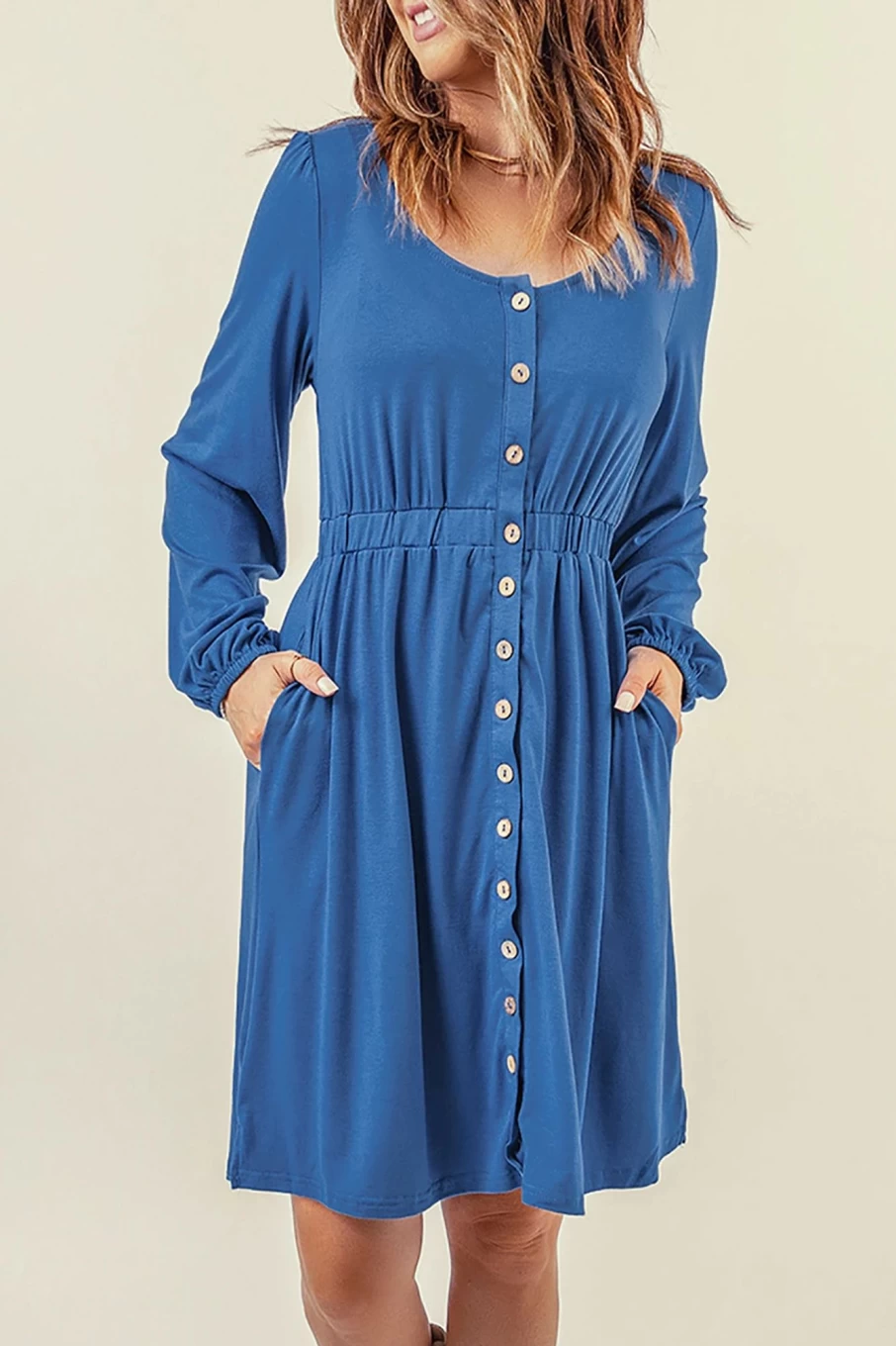 Shewin Women's Blue Casual Ruched Waist Button Up Short Dress