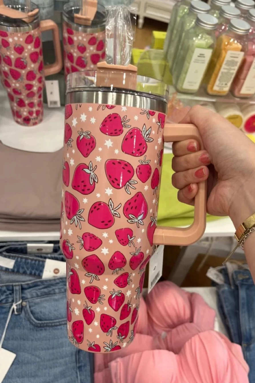 Shewin Women's Smoke Gray Strawberry & Star Print 304 Stainless Steel Vacuum Insulated Cup