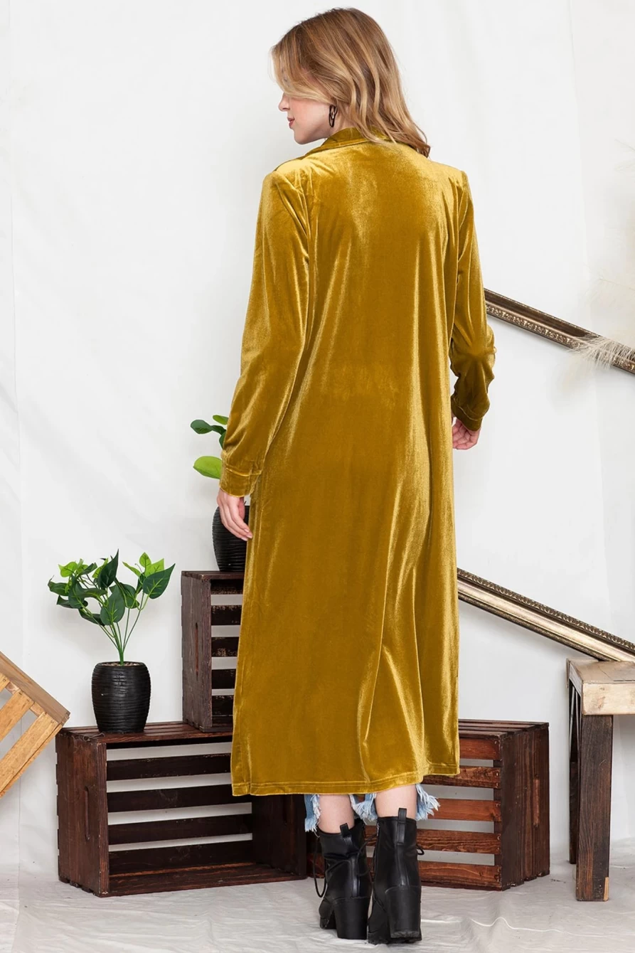 Shewin Women's Yellow Velvet Elegant Long Cardigan with Open Front and Pockets