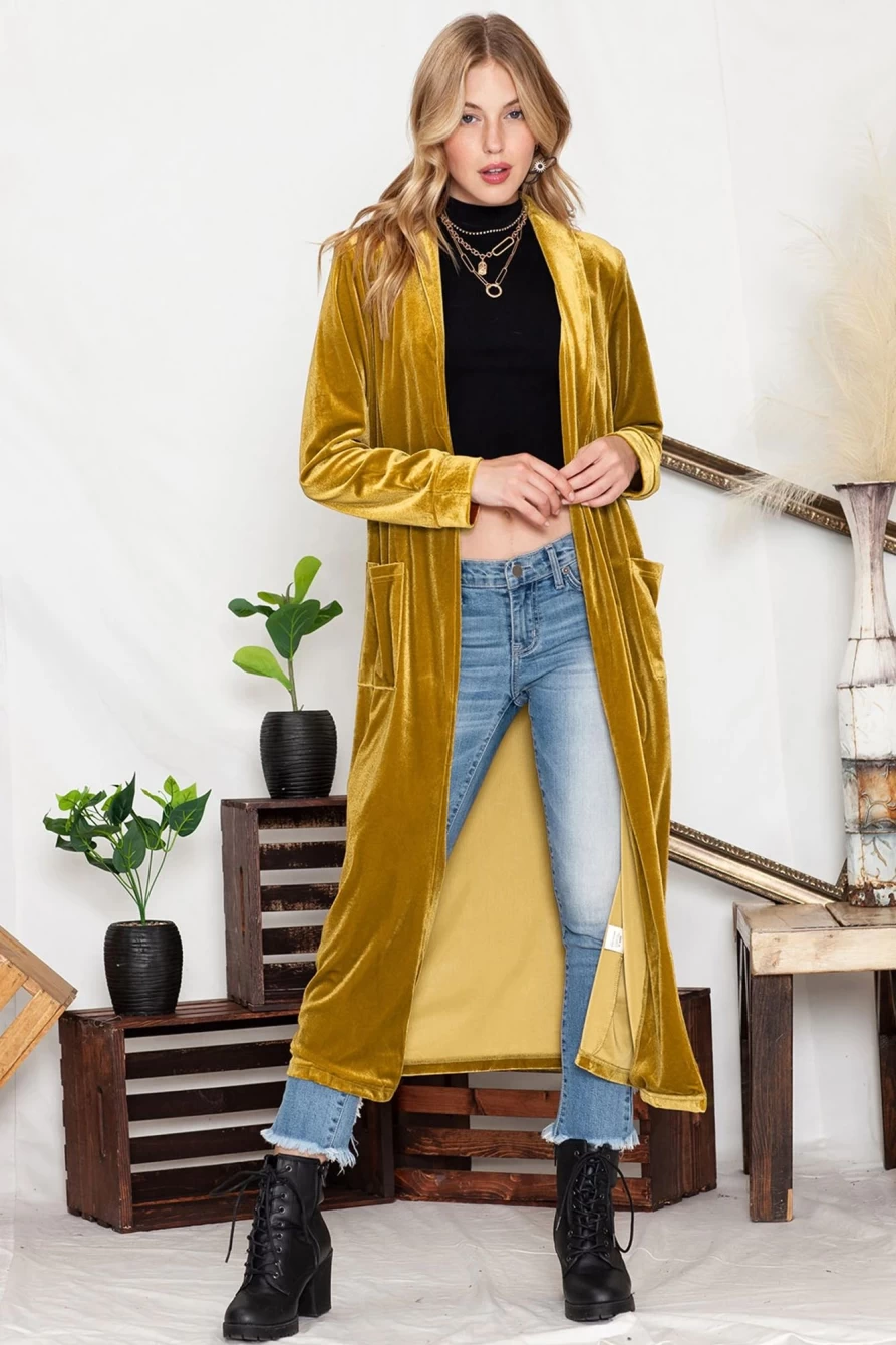 Shewin Women's Yellow Velvet Elegant Long Cardigan with Open Front and Pockets