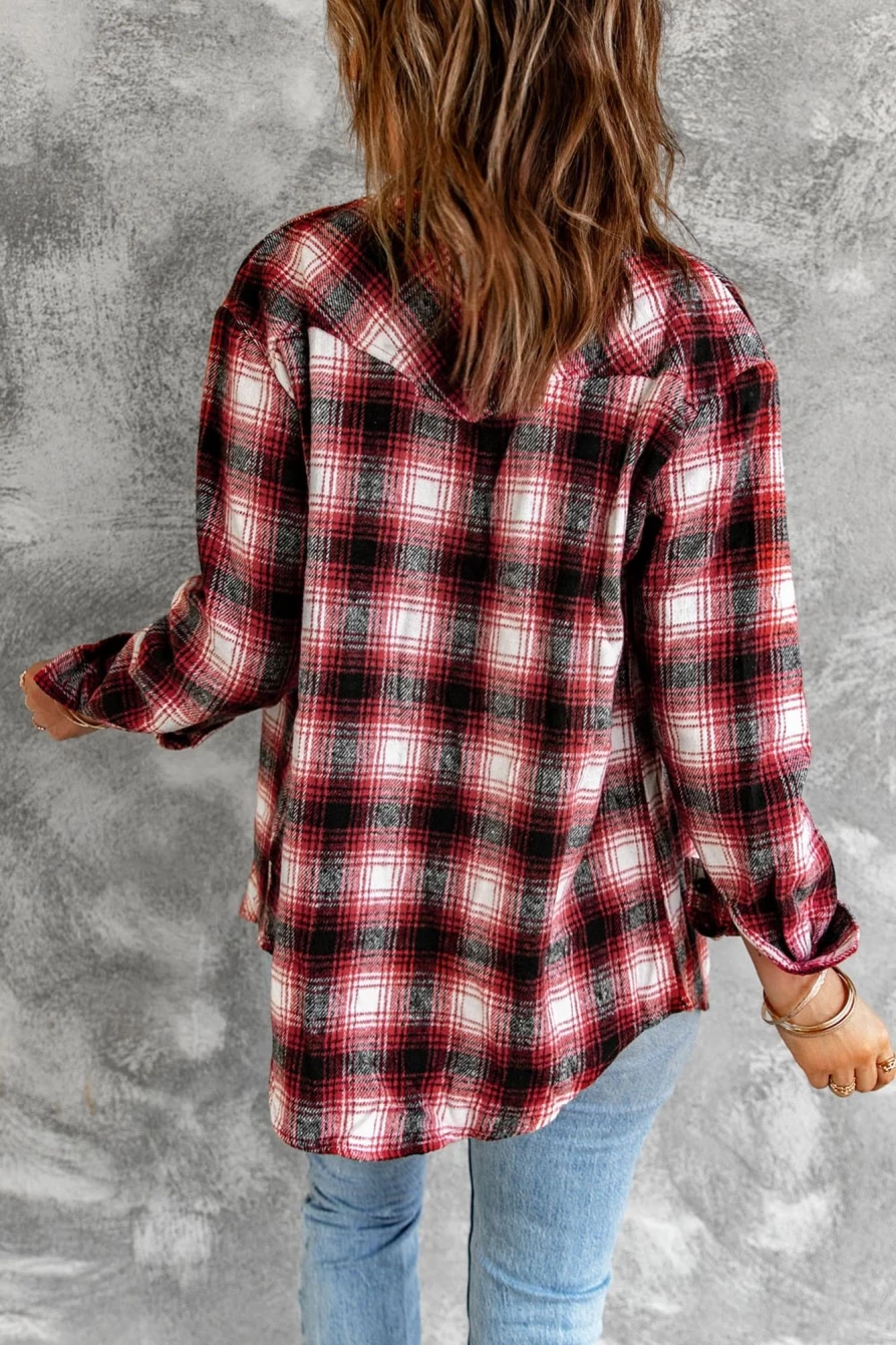 Women's Red Plaid Button-Up Shacket by Shewin - Stylish Collar Shirt Jacket