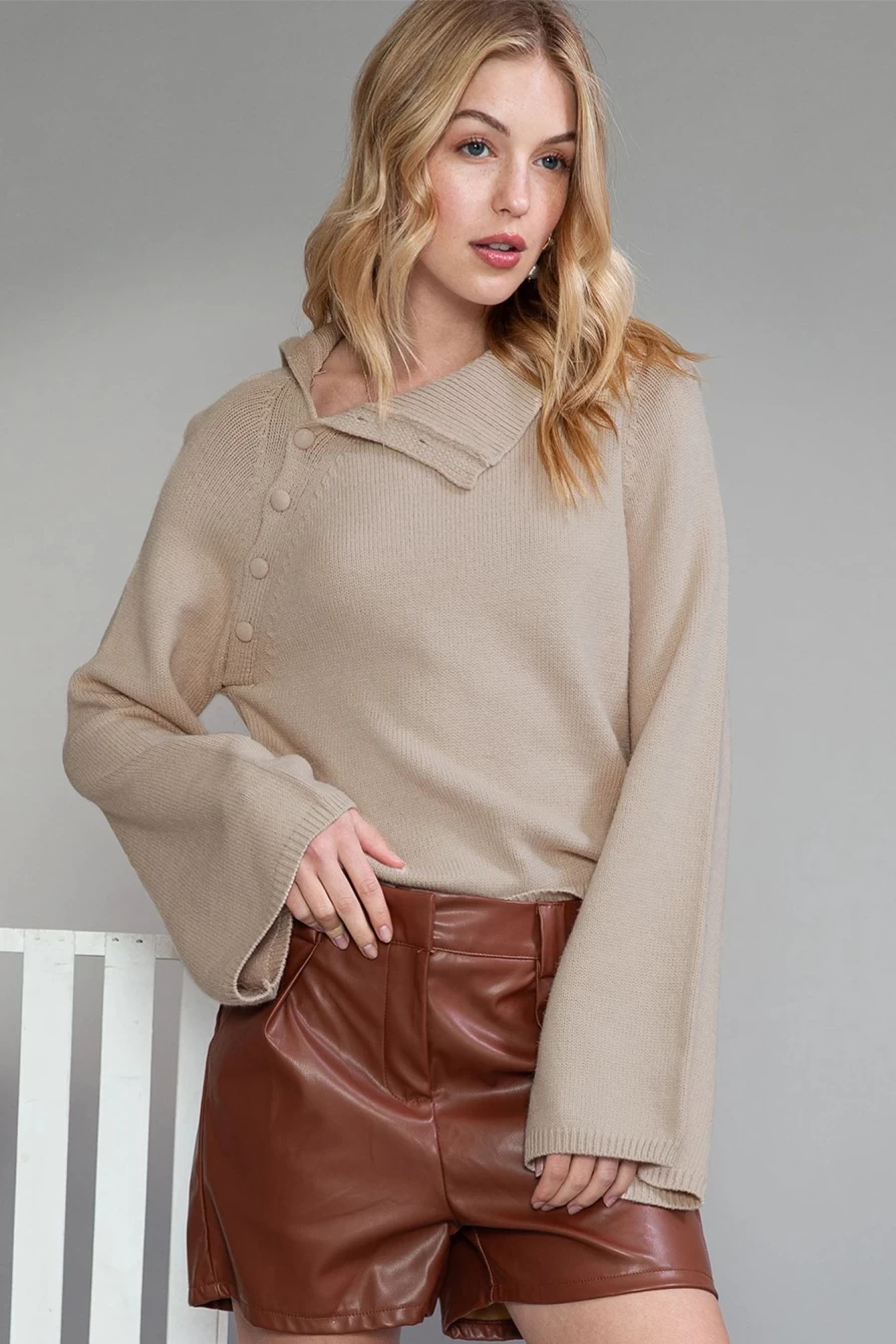 Shewin Women's Smoke Gray Asymmetric Turtleneck Bell Sleeve Sweater