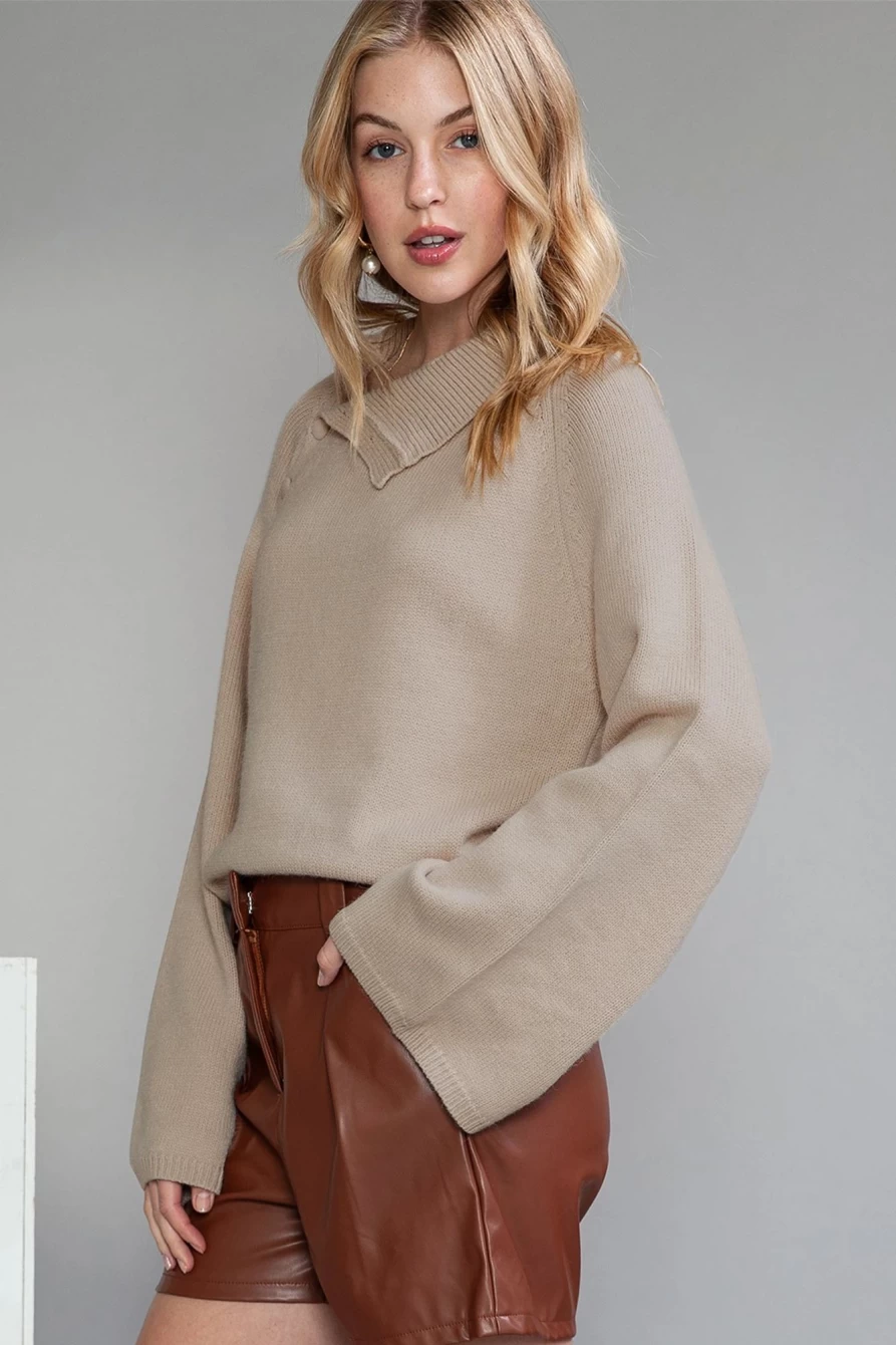 Shewin Women's Smoke Gray Asymmetric Turtleneck Bell Sleeve Sweater