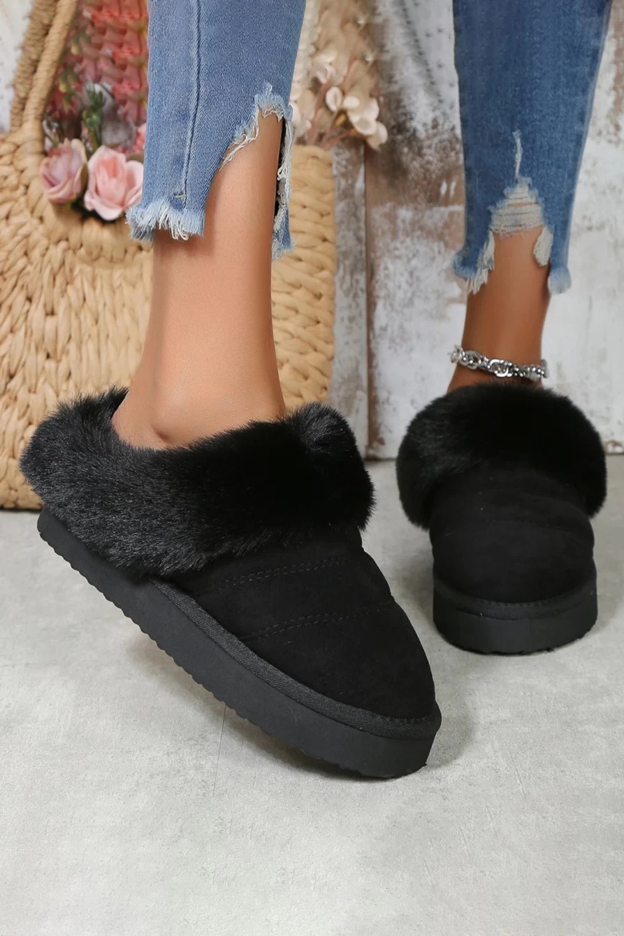Shewin Women's Black Plush Suede Patchwork Slippers with Thick Sole