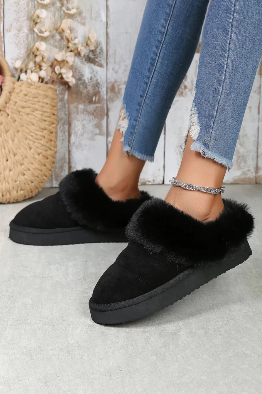 Shewin Women's Black Plush Suede Patchwork Slippers with Thick Sole