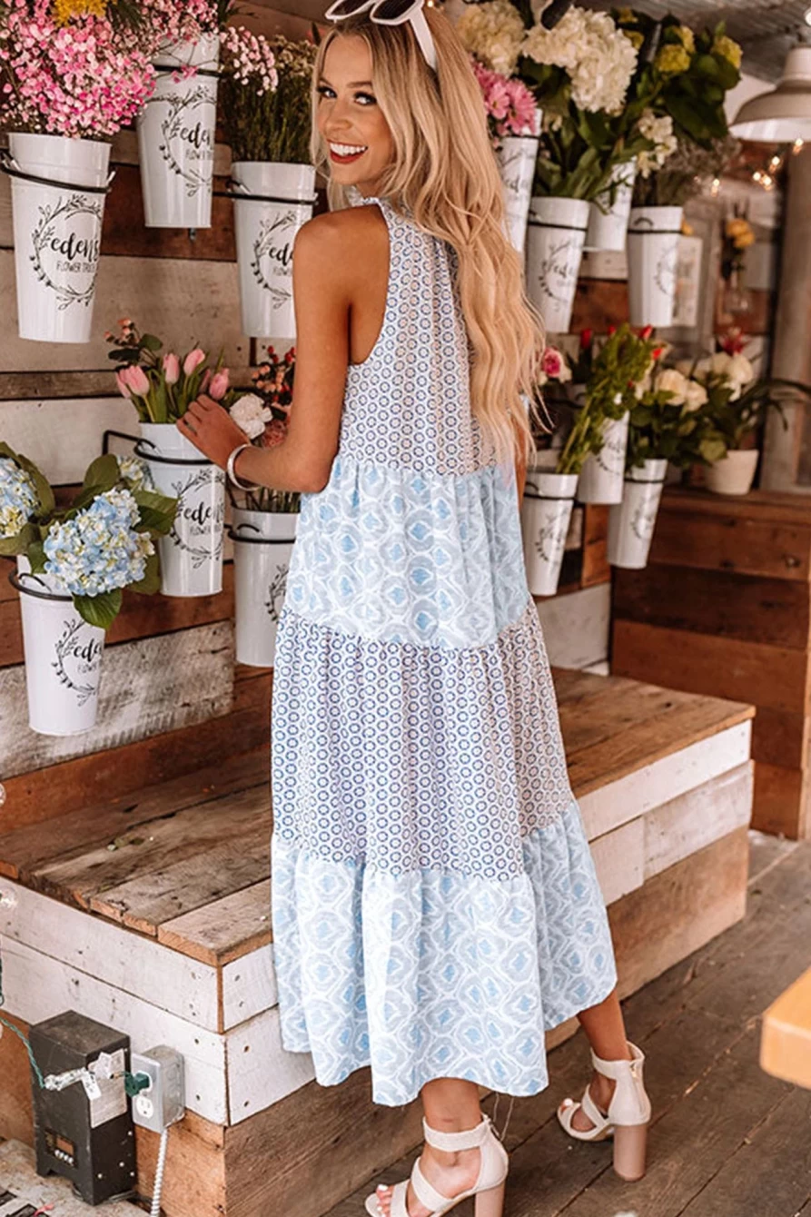 Shewin Women's Sky Blue Printed Sleeveless V-Neck Tiered Summer Dress