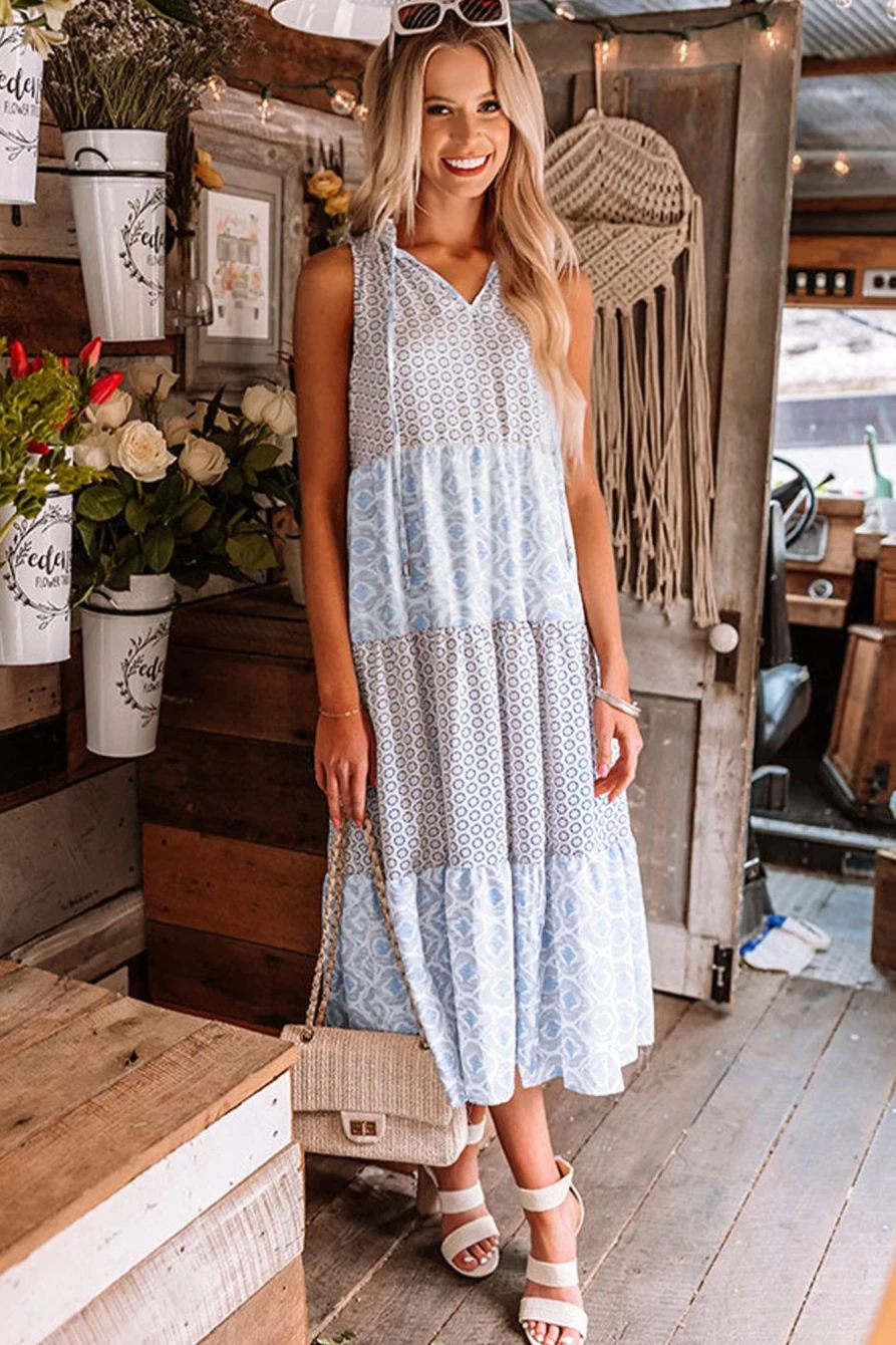 Shewin Women's Sky Blue Printed Sleeveless V-Neck Tiered Summer Dress