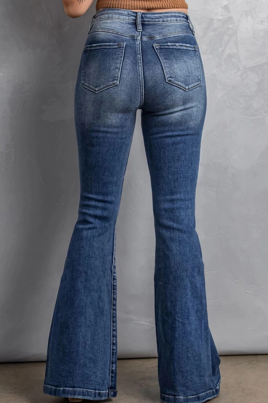 Shewin Women's Blue High Waist Flare Jeans with Pockets - Casual Chic Denim Pants