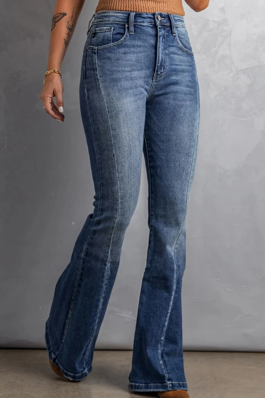 Shewin Women's Blue High Waist Flare Jeans with Pockets - Casual Chic Denim Pants