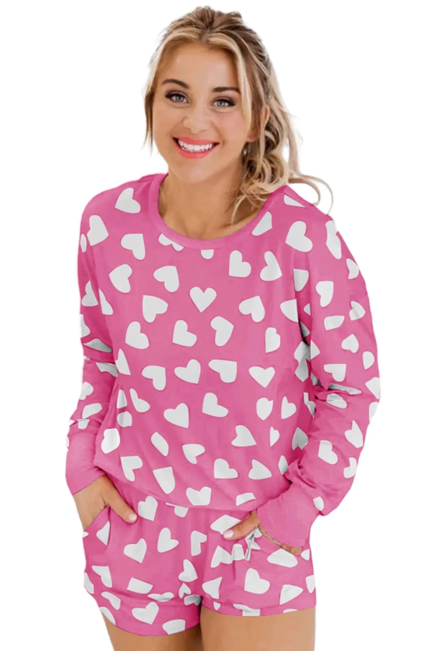 Shewin Women's Pink Heart Print Loungewear Set - Long Sleeve Top & Shorts Sleepwear