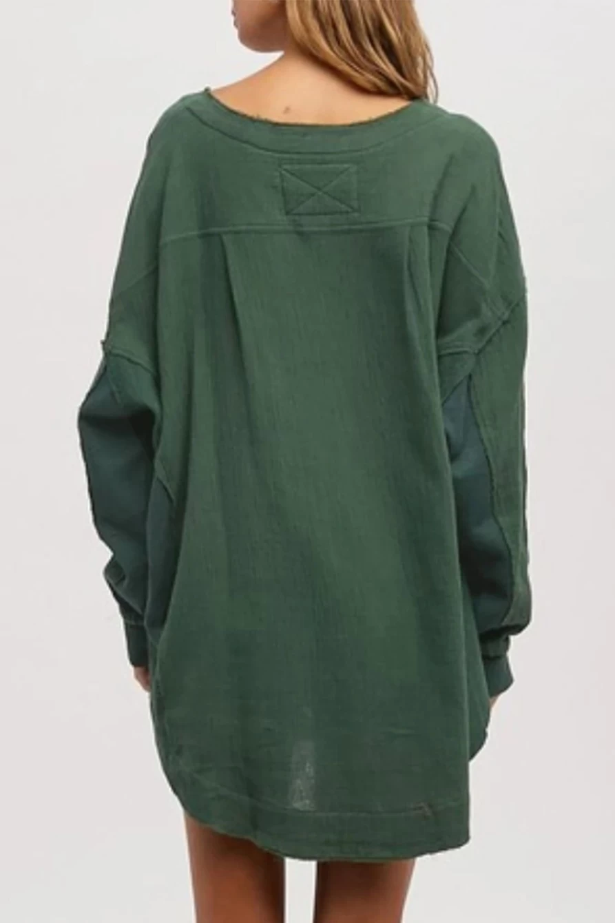 Shewin Women's Green Crinkled Patchwork Henley Blouse Solid Color Top