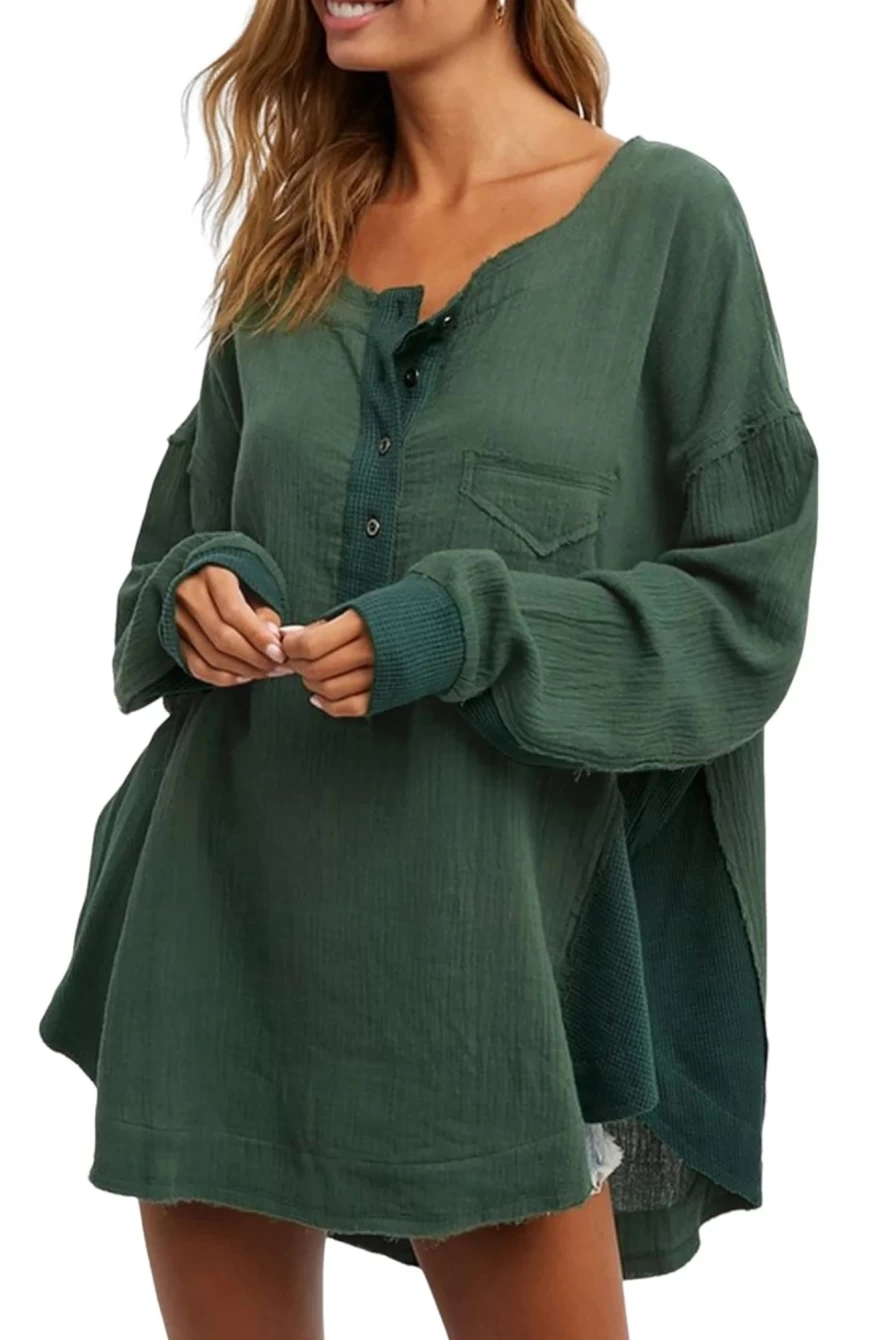 Shewin Women's Green Crinkled Patchwork Henley Blouse Solid Color Top