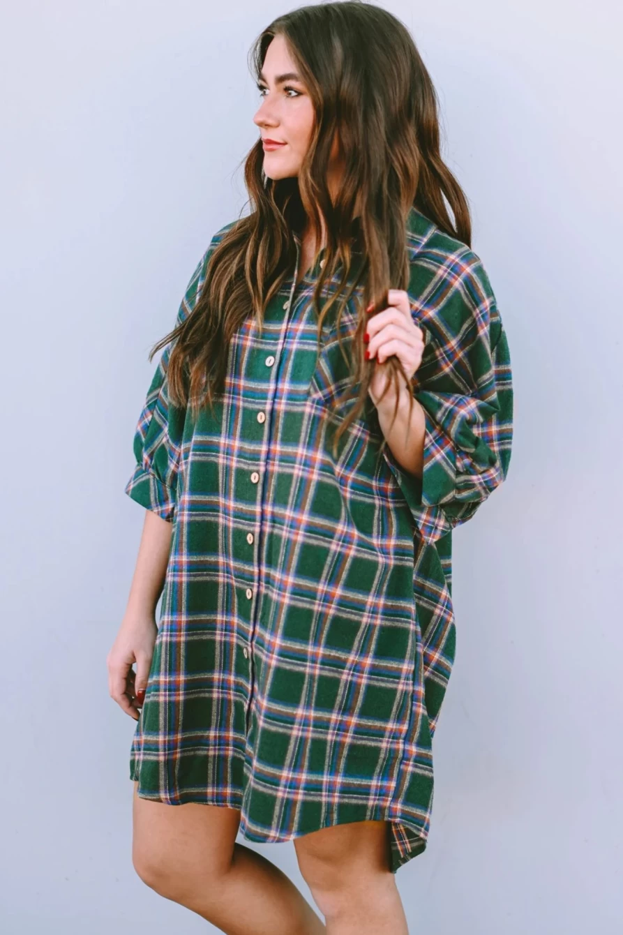 Shewin Women's Green Plaid Tunic Shirt with Half Sleeves and Chest Pocket
