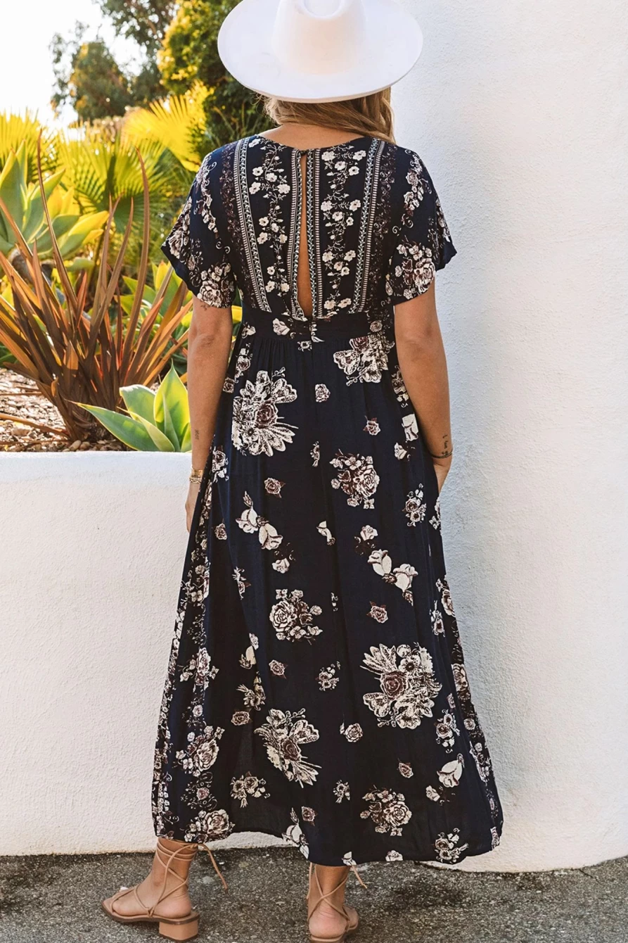 "SheWin Women's Blue Boho Floral Print High Waist Long Dress with Side Slit"
