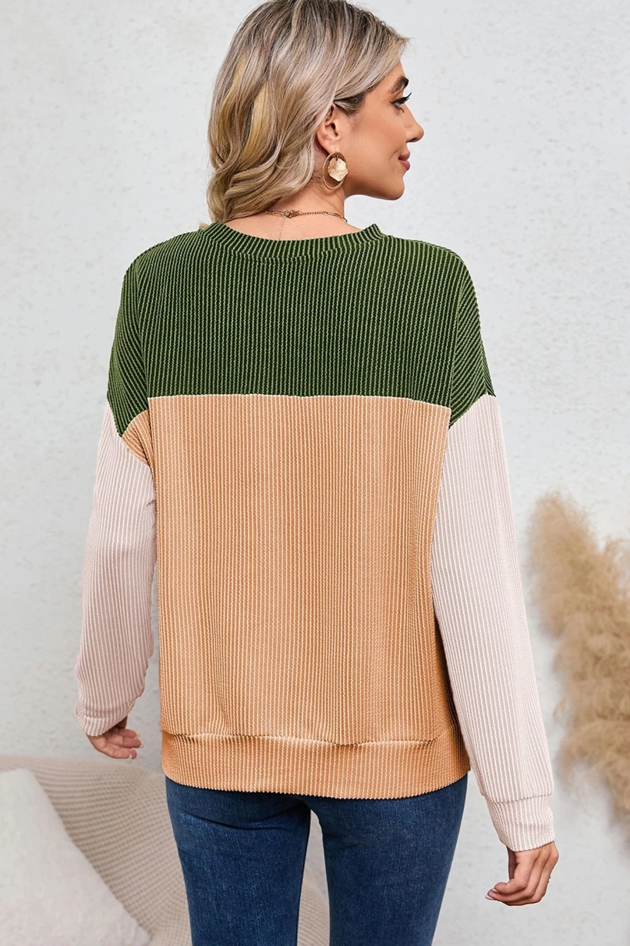 Shewin Women's Green Corduroy Color Block Long Sleeve Loose Top