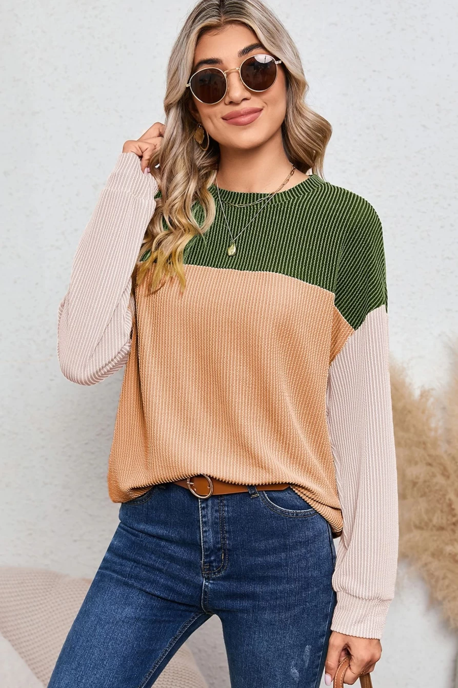 Shewin Women's Green Corduroy Color Block Long Sleeve Loose Top