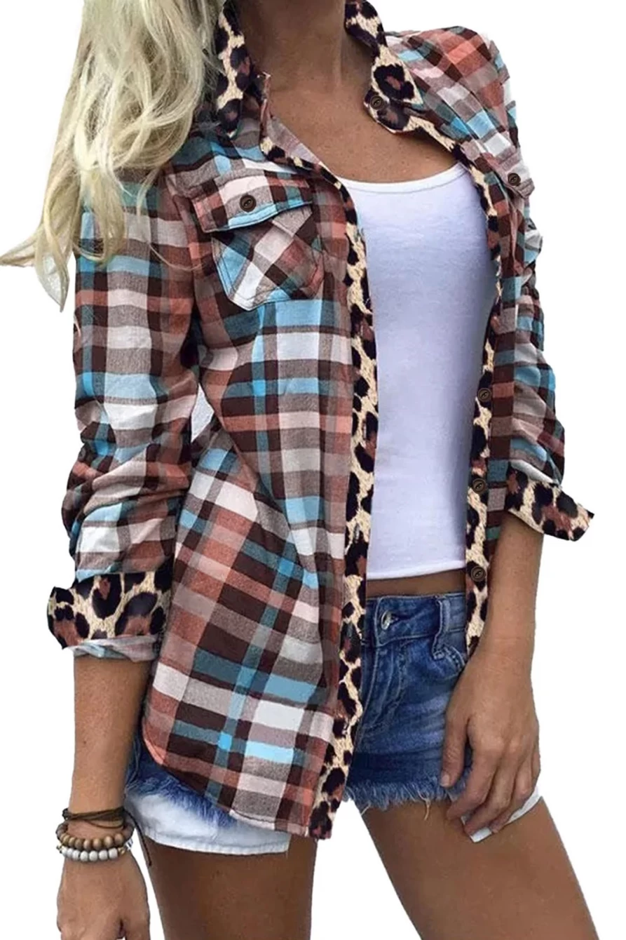 Shewin Women's Multicolor Plaid Leopard Trim Collared Button-Up Shacket