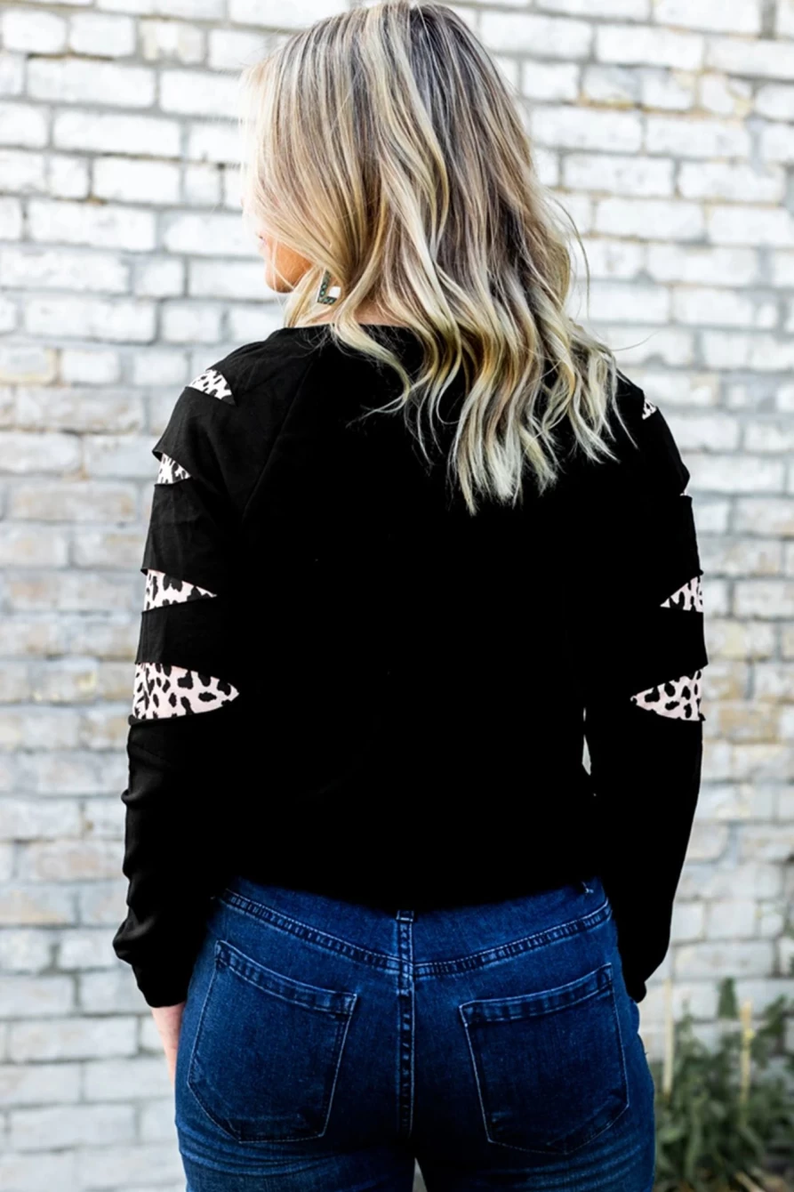 "SheWin Women's Black Graphic Sweatshirt with Ripped Sleeve, Serape & Leopard Sunflower Design"