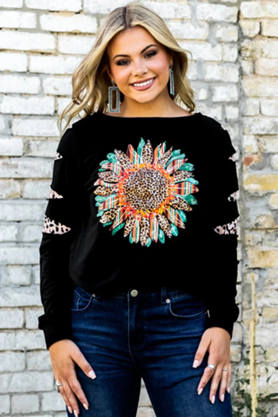 "SheWin Women's Black Graphic Sweatshirt with Ripped Sleeve, Serape & Leopard Sunflower Design"