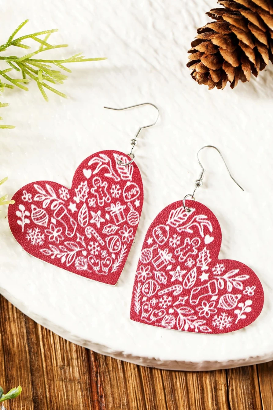 "SheWin Red Christmas Pattern PU Leather Drop Earrings for Women"