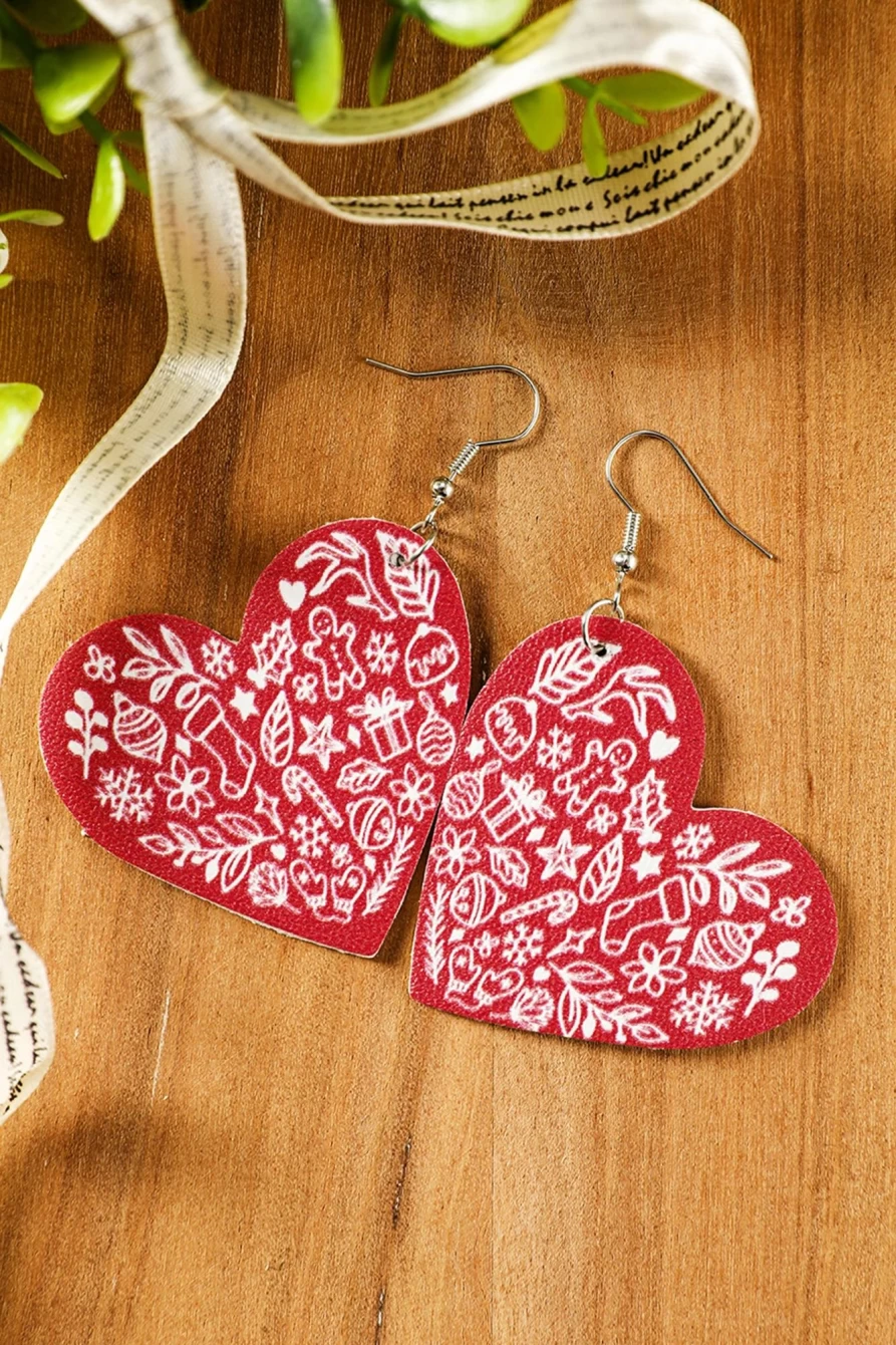 "SheWin Red Christmas Pattern PU Leather Drop Earrings for Women"