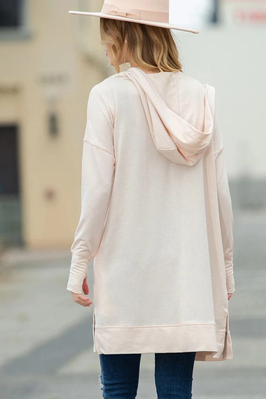 Shewin Women's Apricot Open Front Hooded Long Cardigan with Side Slits