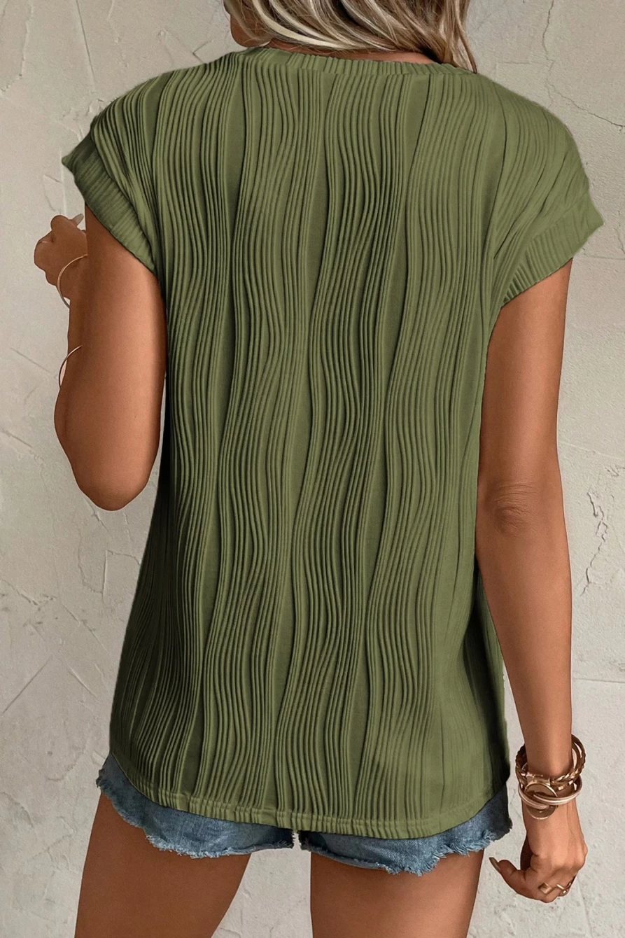 Shewin Women's Jungle Green Wavy Textured Cap Sleeve Top