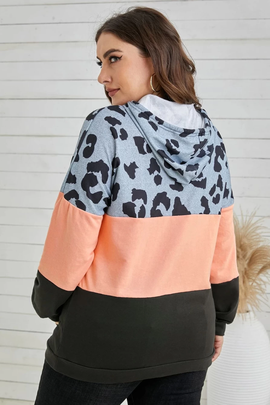 Shewin Women's Pink Leopard Print Colorblock Hoodie with Pockets - Plus Size