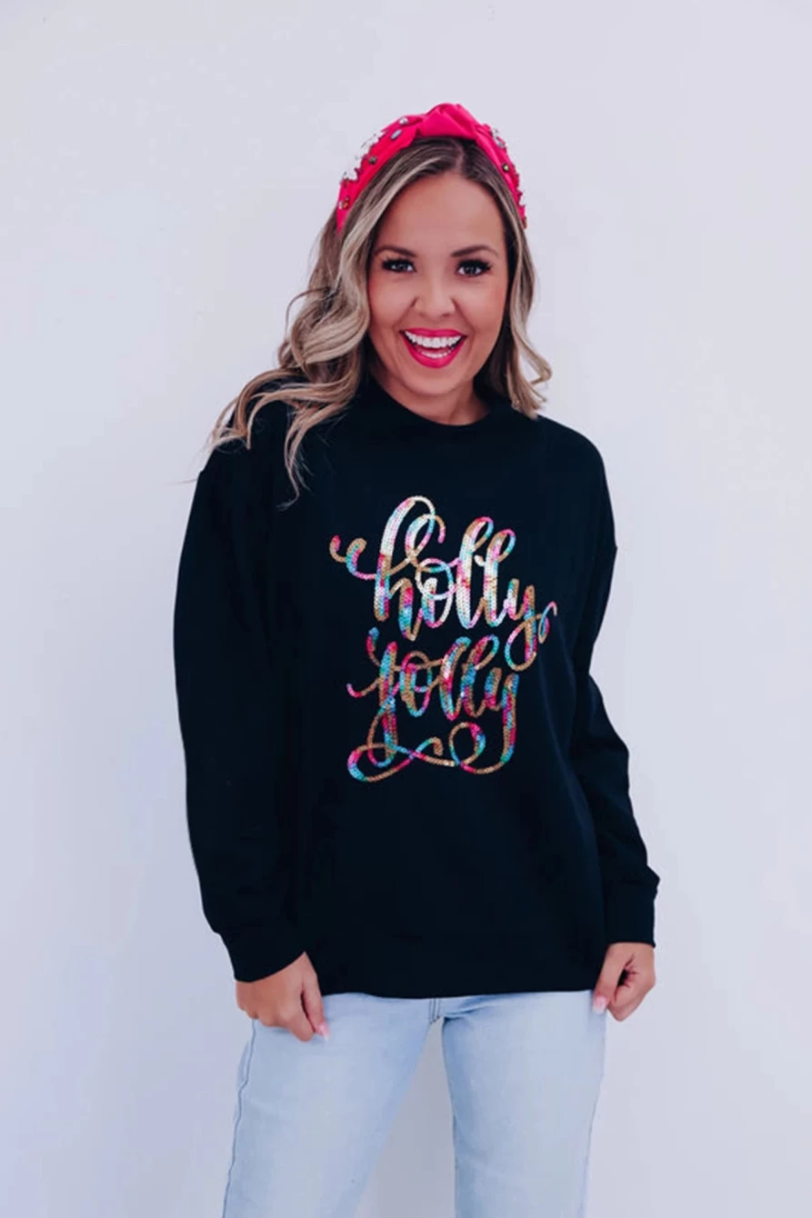Shewin Women's Black Casual Holly Jolly Graphic Round Neck Sweatshirt