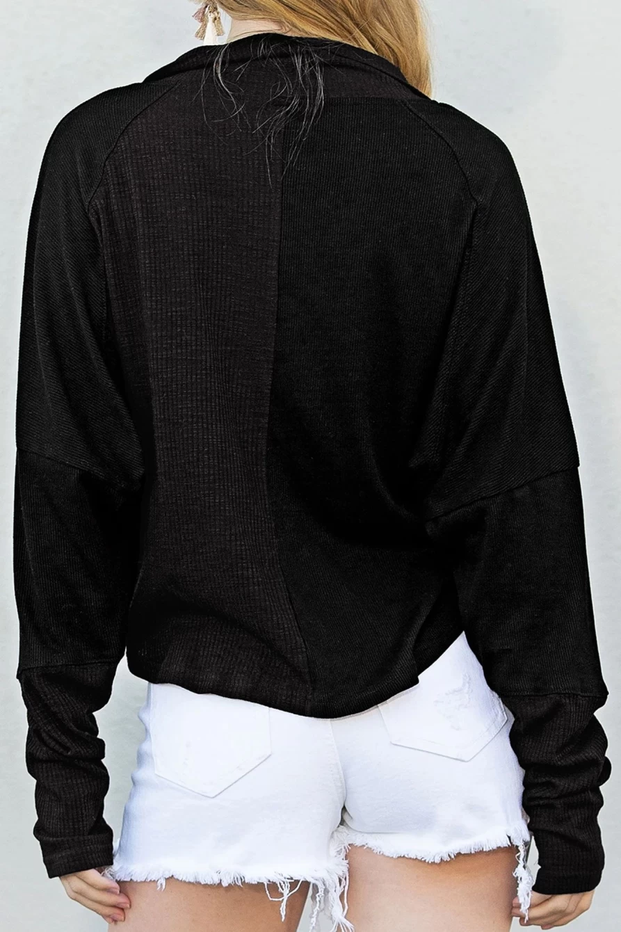 Shewin Women's Black Ribbed Knit Henley Sweater with Drop Sleeve and Collar