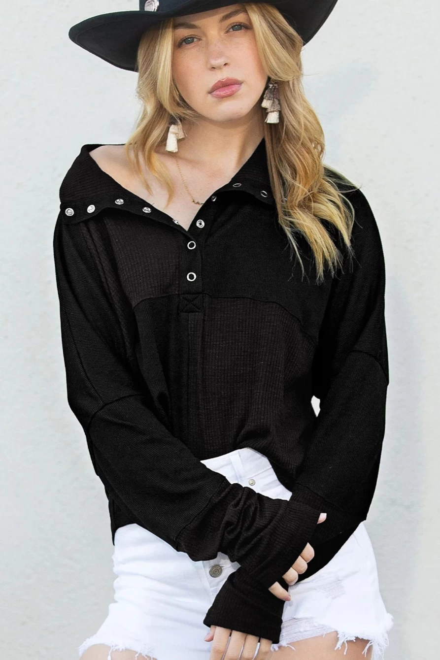 Shewin Women's Black Ribbed Knit Henley Sweater with Drop Sleeve and Collar