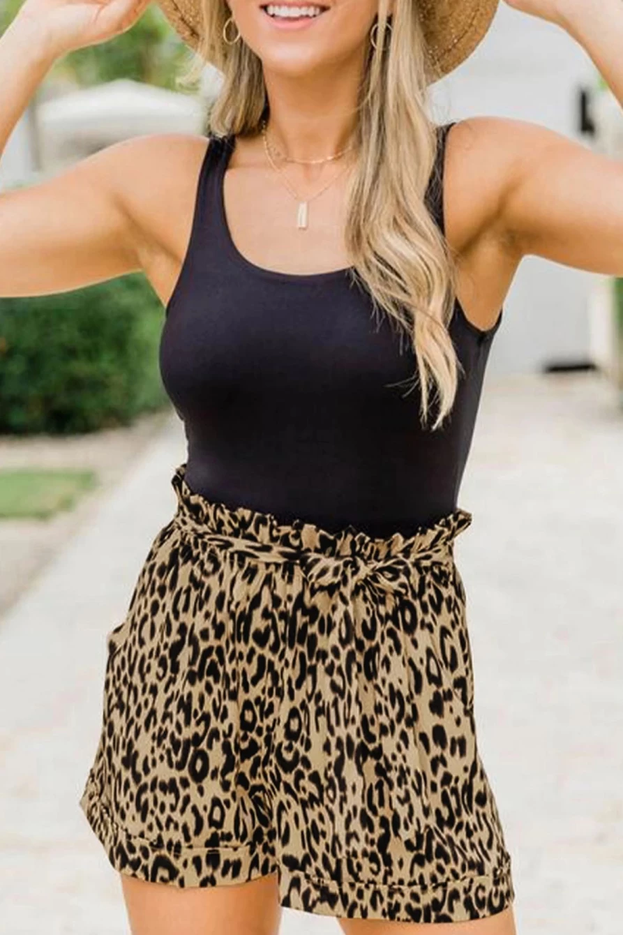Shewin Women's Leopard Print Casual Shorts with Pockets, Frill Detail & Tie Waist