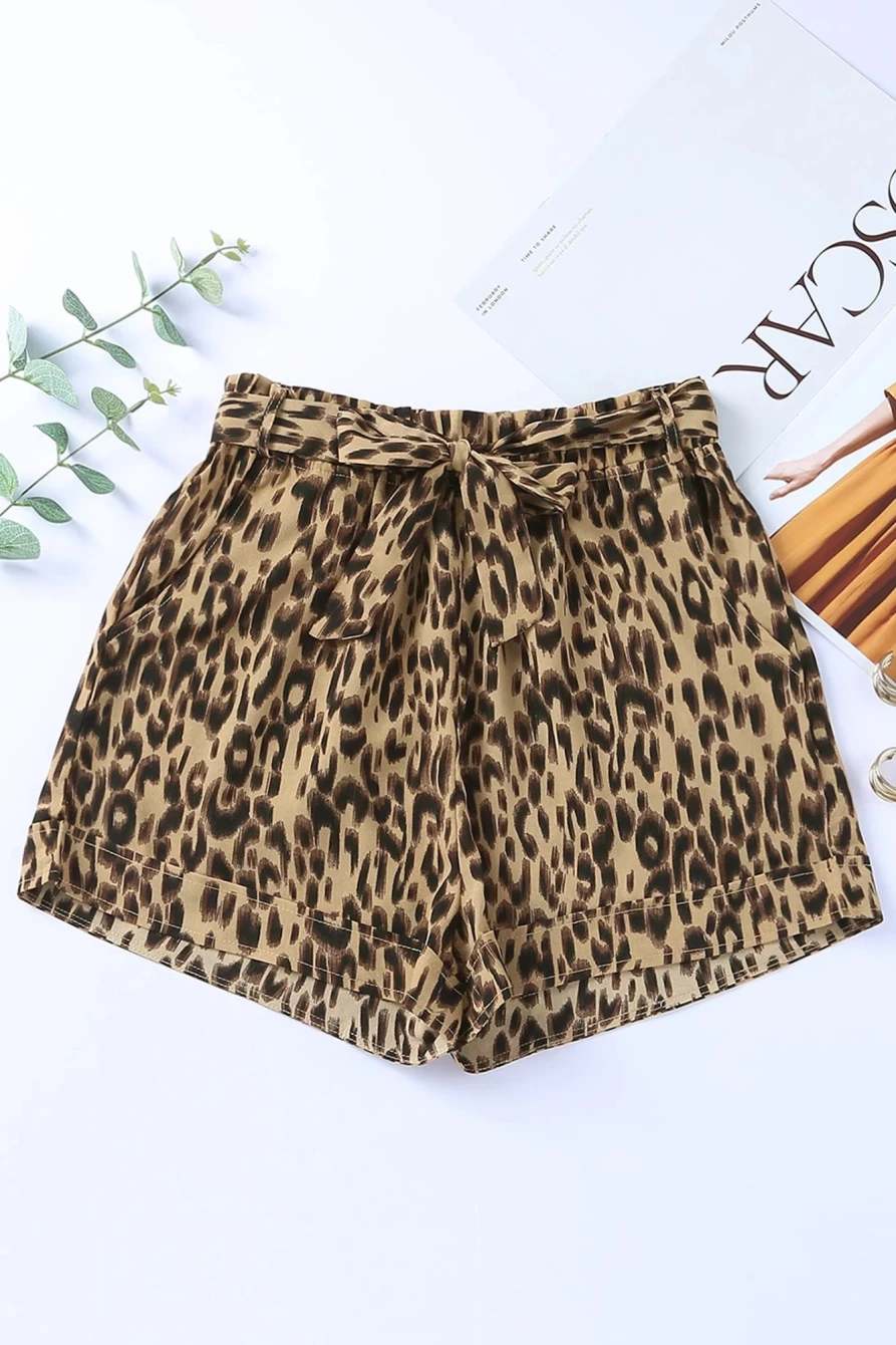 Shewin Women's Leopard Print Casual Shorts with Pockets, Frill Detail & Tie Waist
