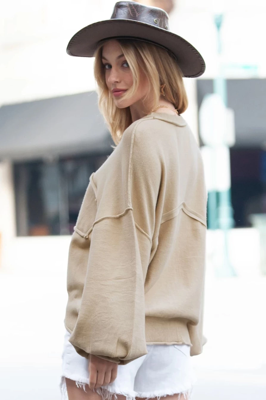 Shewin Women's Apricot Raw Edge Pocket Exposed Seam Knitted Sweater