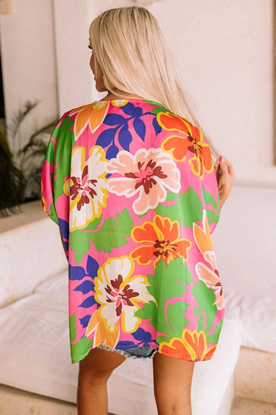 Shewin Women's Pink Floral Print V-Neck Oversized Short Sleeve Blouse